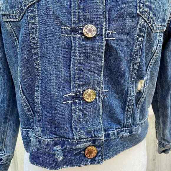American Eagle Denim Trucker Jacket Womens Large Blue Jean Distressed - Picture 2 of 10